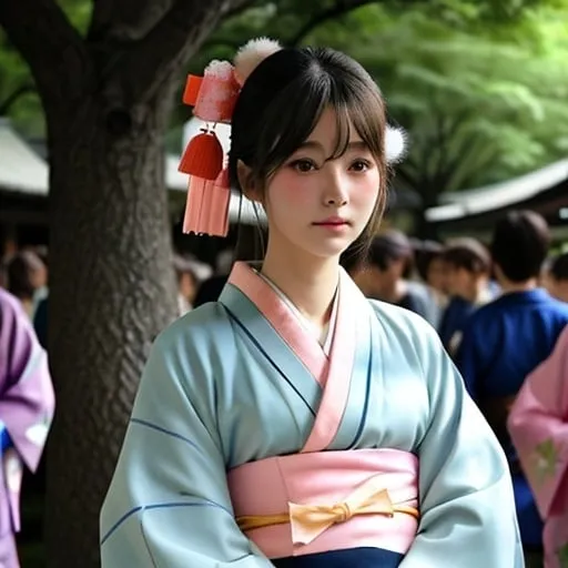 Prompt: Soft face with soft kimono at festival 