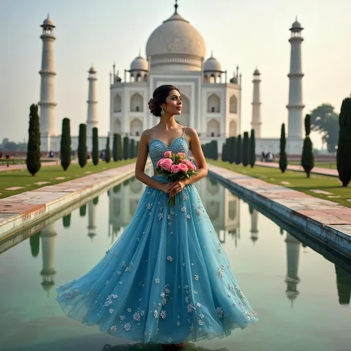 Prompt: Bridesmaid in Taj Mahal wearing chola Bollywood dress blue colour holding flower