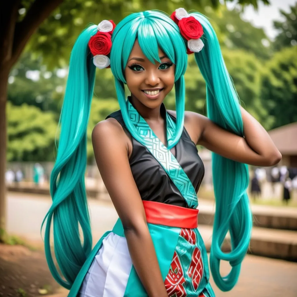 Prompt: Nigerian Hatsune miku cosplay, nigerian attire, cultural attire and hair, Nigerian hair, nigerian cothing, imo state, nigerian outfit and accessories