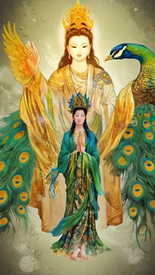 Prompt: Create a bold collage using mainly 3 elements: Guan Yin Goddess, Gautham Buddha and Peacock or Peacock feathers. Make it bold using partially black & white and partially colored, digital collages…. All in intrinsic way.