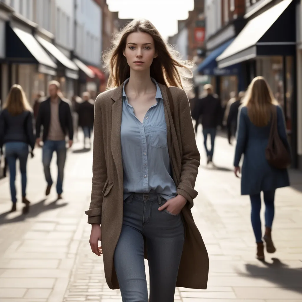 Prompt: Tall young woman walking down the high street, detailed clothing, realistic, natural lighting