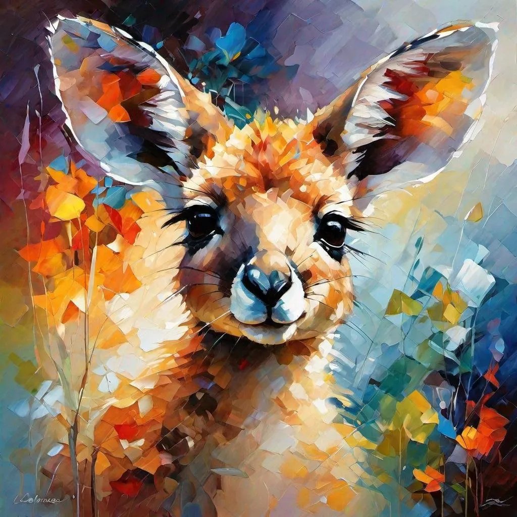 Prompt: Splendid portrait of a cute baby kangaroo l! :: Stunning cover art by Leonid Afremov, Brian Kesinger, Alena Aenami, Erin Hanson, Jean Baptiste Monge, incredibly detailed, triadic color