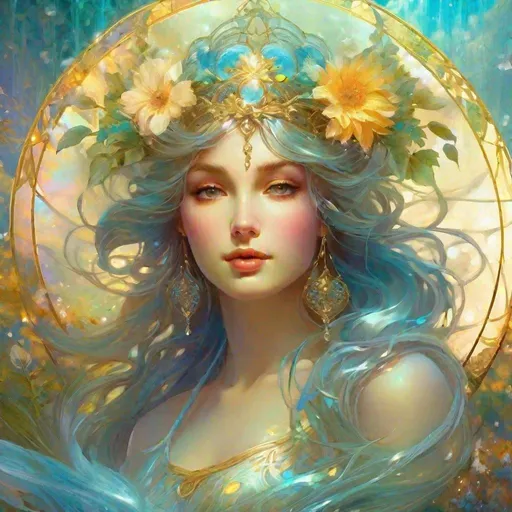 Prompt: water elemental / undine (Adorable). Alphonse Mucha,  8k resolution holographic astral cosmic illustration mixed media by Pablo Amaringo  ethereal fantasy hyperdetailed mist Thomas Kinkade surrealism  melting oil on canvas heavenly sunshine beams divine bright soft focus holy in the clouds