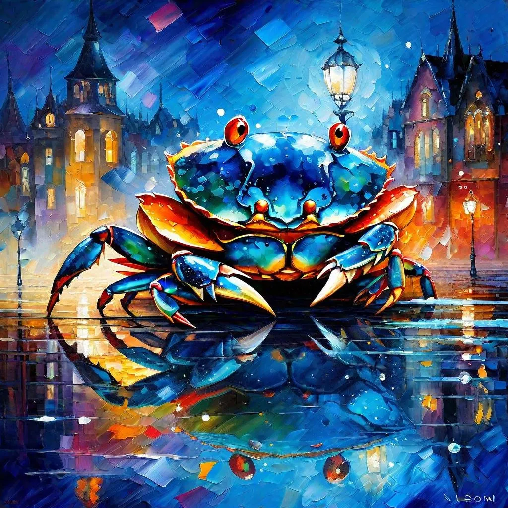 Prompt: Splendid portrait of A blue crabsl l! :: breathtaking cover art by Leonid Afremov, Brian Kesinger, Alena Aenami, Erin Hanson, Jean Baptiste Monge, insanely detailed, triadic color