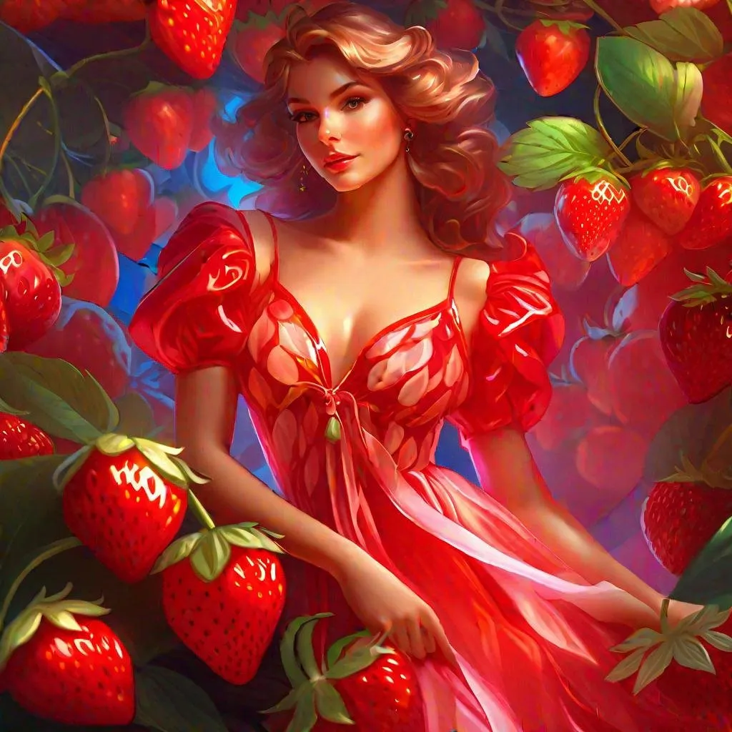 Prompt: Beautiful Woman Strawberry Theme Dress, Strawberry Dress, 8k resolution concept art portrait Artgerm, WLOP Strawberry Dress, Alphonse Mucha Strawberry Dress dynamic lighting triadic colors volumetric soft lighting Strawberry Dress