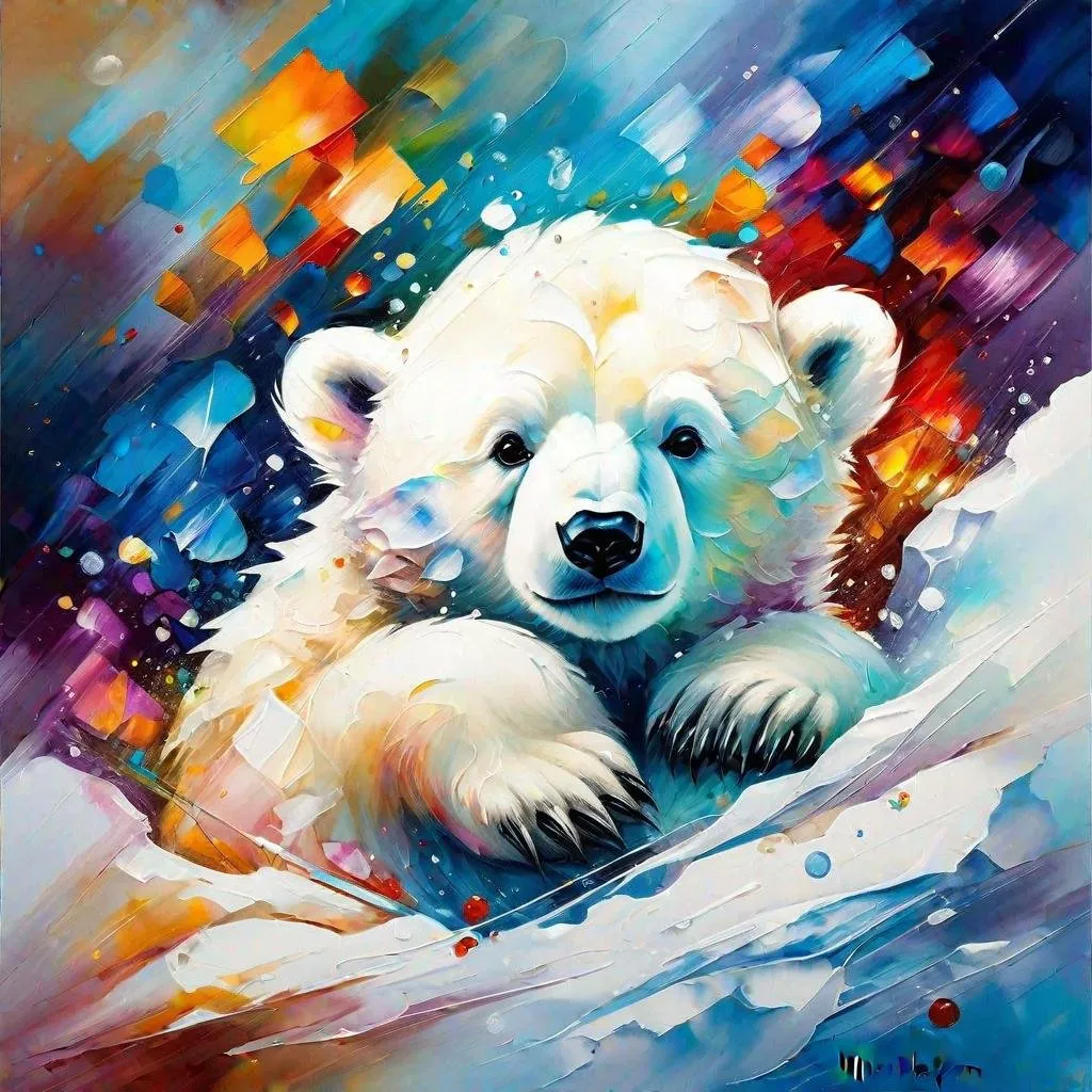 Prompt: Splendid portrait of A baby Polar Bear l! :: breathtaking cover art by Leonid Afremov, Brian Kesinger, Alena Aenami, Erin Hanson, Jean Baptiste Monge, insanely detailed, triadic color