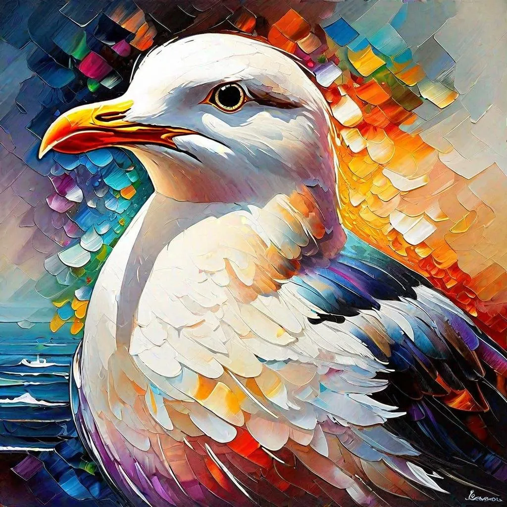 Prompt: Splendid portrait of A seagull l! :: breathtaking cover art by Leonid Afremov, Brian Kesinger, Alena Aenami, Erin Hanson, Jean Baptiste Monge, insanely detailed, triadic color