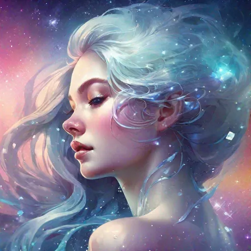 Prompt: Icy Landscapes sparkling features in the sky with illuminating moonshine, stars; colorful, gradient vibrant colors, by anna dittmann, floradriel, digital painting, extreme detail, 120k, ultra hd, hyper detailed, white, wlop, digital painting; crystal body, sensual alluring elegant sleek editorial sofisticated galactic exotic facial features, anime character, background digital painting, digital illustration, extreme detail, digital art, ultra hd, vintage photography, beautiful, tumblr aesthetic, retro vintage style, hd photography, hyperrealism, extreme long shot, telephoto lens, motion blur, wide angle lens, deep depth of field, warm, anime Character Portrait, Symmetrical, Soft Lighting, Reflective Eyes, Pixar Render, Unreal Engine Cinematic Smooth, Intricate Detail, anime Character Design, Unreal Engine, Beautiful, Tumblr Aesthetic,  Hd Photography, Hyperrealism, Beautiful Watercolor Painting, Realistic, Detailed, Painting By Olga Shvartsur, Svetlana Novikova, Fine Art