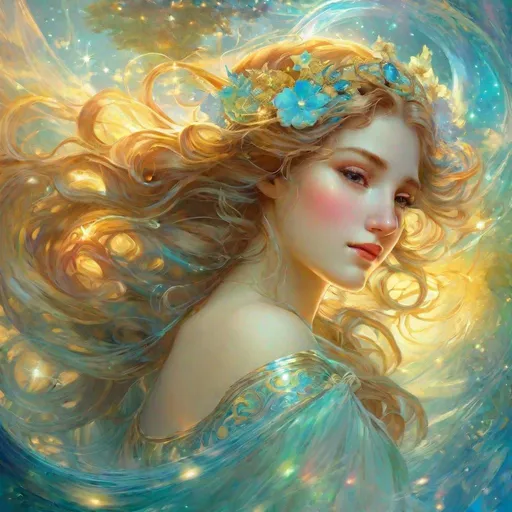 Prompt: water elemental / undine (Adorable). Alphonse Mucha,  8k resolution holographic astral cosmic illustration mixed media by Pablo Amaringo  ethereal fantasy hyperdetailed mist Thomas Kinkade surrealism  melting oil on canvas heavenly sunshine beams divine bright soft focus holy in the clouds