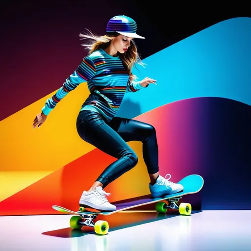 Prompt: Doppler effect in data visualization art Wrapping a stylish female skateboarder's invisible body in beautiful complementary colors reflective digital energy Mathematical show Set apar