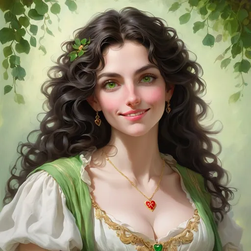 Prompt: An oil painting in the style of Yossi Kotle and Pierre-Auguste Cot, depicting a German woman in her 40s named Carmen. She is extremely beautiful with somewhat unkempt curly black hair, dreamy green eyes, a heart-shaped face, a long and slightly crooked nose, and thin but beautifully made-up lips. Her expression is mysterious, with a slight smile revealing her teeth. She radiates an aura of mischief, wears a golden necklace, and holds a fan against her chest. The background
