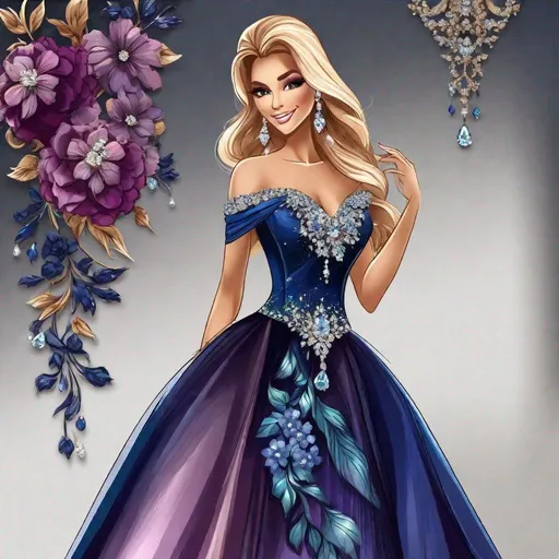 Prompt: fashion design sketch, tanned blonde in off-shoulder iridescent dark blue and dark blackberry multi-color floral ball gowns with diamonds, floor length, matching jewelry including necklace