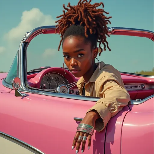 Prompt: Photorealistic airbrush oil painting Lovely Afro-Samoan woman, 25 years old  with hazel green eyes and auburn dreadlocks in a messy bun, leans out of the open window of a vintage pink Corvette. She is wearing a chunky silver bohemian ring with multi-colored stripes and a long-sleeved shirt. One arm rests gracefully on the side of the car, her posture relaxed and serene. The background is blurred, giving a retro feel to the scene. It evokes a timeless sense of style.