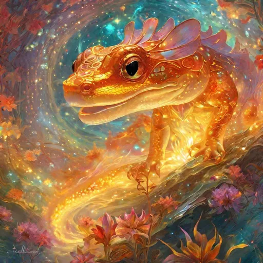 Prompt: fire elemental salamanders (Adorable). Alphonse Mucha,  8k resolution holographic astral cosmic illustration mixed media by Pablo Amaringo  ethereal fantasy hyperdetailed mist Thomas Kinkade surrealism  melting oil on canvas heavenly sunshine beams divine bright soft focus holy in the clouds