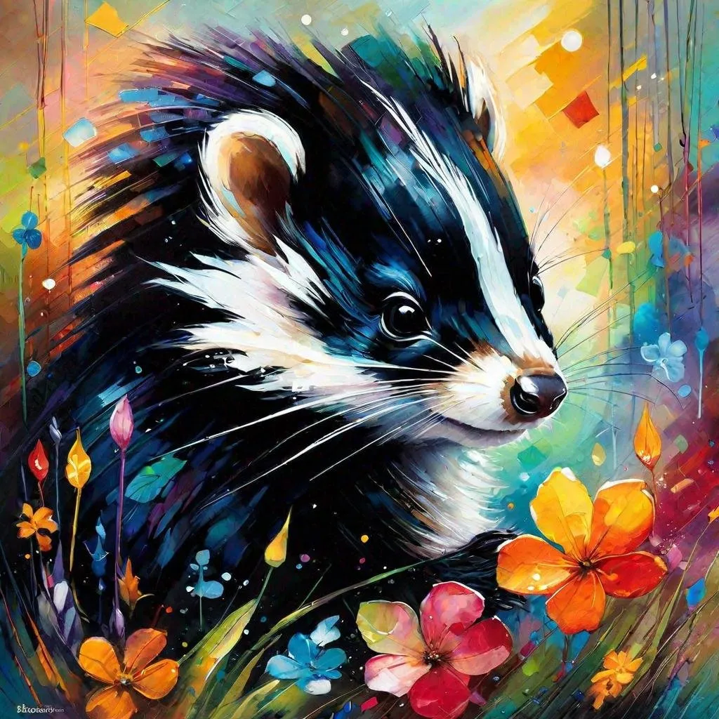 Prompt: Splendid portrait of A baby skunk l! :: breathtaking cover art by Leonid Afremov, Brian Kesinger, Alena Aenami, Erin Hanson, Jean Baptiste Monge, insanely detailed, triadic color