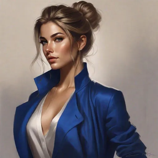 Prompt: ((full body photograph))
An elegant lady beautiful beautiful eyes beautiful face shewears a set of royal blue linen jacket and pants. hair tied up in a high bun with a few strands of hair exposed dark blonde hair with golden highlights. She is wearing blue sandals  hyperrealism art by Charlie Bowater