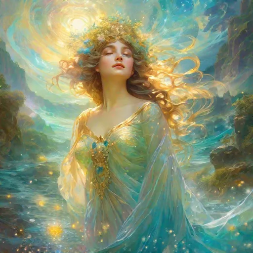 Prompt: water elemental / undine (Adorable). Alphonse Mucha,  8k resolution holographic astral cosmic illustration mixed media by Pablo Amaringo  ethereal fantasy hyperdetailed mist Thomas Kinkade surrealism  melting oil on canvas heavenly sunshine beams divine bright soft focus holy in the clouds