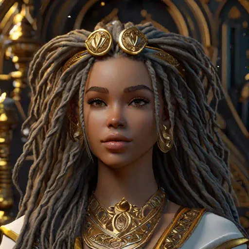 Prompt: d model of a girl, dreadlocks, epic fantasy scenes, delicate gold detailing, meticulous brushwork, enchanted realism, zbrush, charming character, enchanting realms 