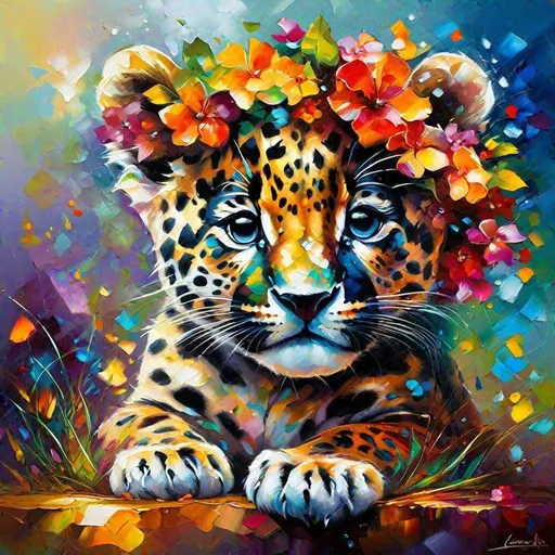 Prompt: Splendid portrait of A  baby Jaguar cub l! :: breathtaking cover art by Leonid Afremov, Brian Kesinger, Alena Aenami, Erin Hanson, Jean Baptiste Monge, insanely detailed, triadic color