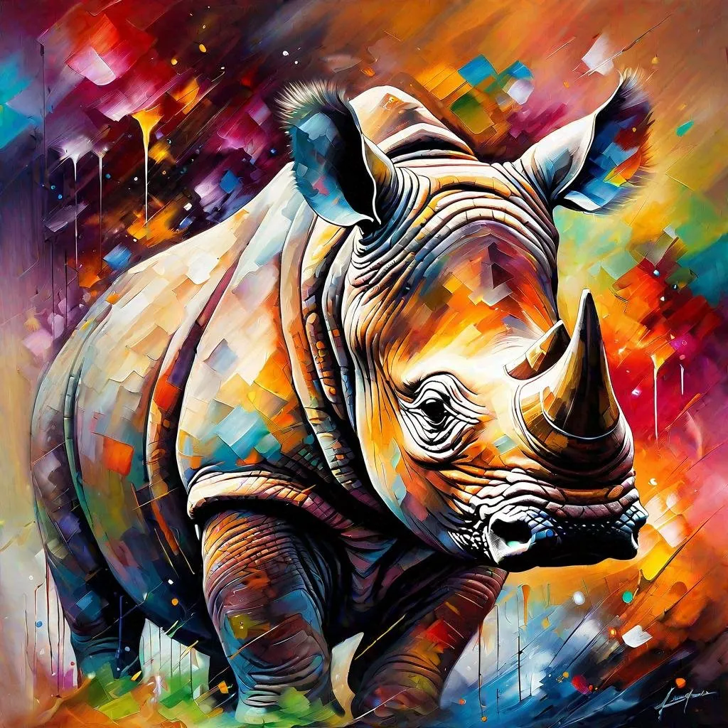 Prompt: Splendid portrait of A (baby rhinoceros) l! :: breathtaking cover art by Leonid Afremov, Brian Kesinger, Alena Aenami, Erin Hanson, Jean Baptiste Monge, insanely detailed, triadic color