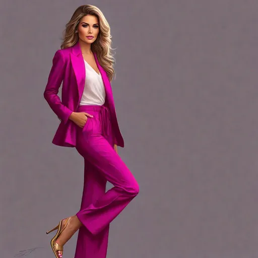 Prompt: ((full body photograph))
An elegant lady, beautiful beautiful eyes, beautiful face, she wears a fuchsia linen jacket and pants set. Waist-length hair with soft waves, dark blonde hair with golden highlights. She wears fuchsia sandals, hyper-realistic art by Charlie Bowater.