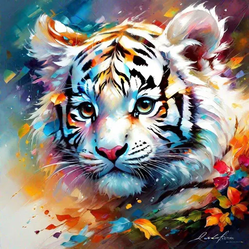 Prompt: Splendid portrait of A baby albino tigerl! :: breathtaking cover art by Leonid Afremov, Brian Kesinger, Alena Aenami, Erin Hanson, Jean Baptiste Monge, insanely detailed, triadic color