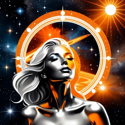 Prompt: An astral phenomenon in Cosmic Collage style, with solar flare orange and starlight silver collage elements sourced from different galaxie