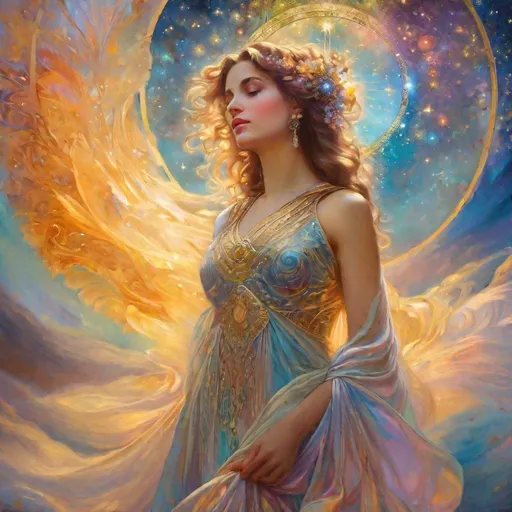 Prompt: “Woman in Galactic Dress at Twilight 1” Alphonse Mucha,  8k resolution holographic astral cosmic illustration mixed media by Pablo Amaringo  ethereal fantasy hyperdetailed mist Thomas Kinkade surrealism  melting oil on canvas heavenly sunshine beams divine bright soft focus holy in the clouds
