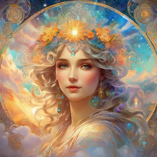Prompt: Air/Aether Elemental Spirit” (Adorable). Alphonse Mucha,  8k resolution holographic astral cosmic illustration mixed media by Pablo Amaringo  ethereal fantasy hyperdetailed mist Thomas Kinkade surrealism  melting oil on canvas heavenly sunshine beams divine bright soft focus holy in the clouds