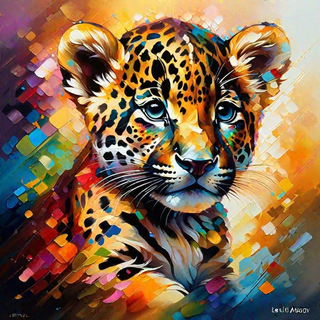 Prompt: Splendid portrait of A  baby Jaguar cub l! :: breathtaking cover art by Leonid Afremov, Brian Kesinger, Alena Aenami, Erin Hanson, Jean Baptiste Monge, insanely detailed, triadic color