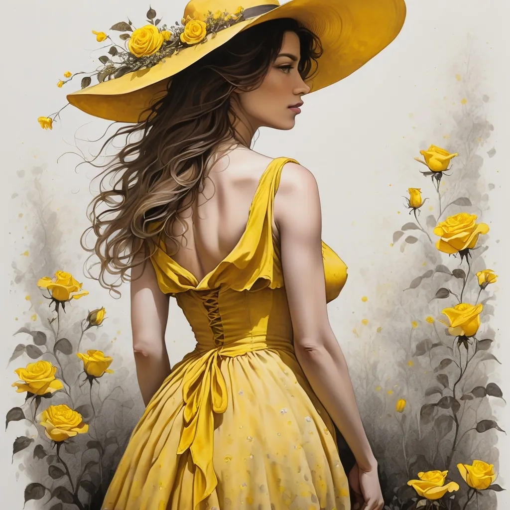 Prompt: Full shot Black and white ink and yellow and brown oil. Woman in profile with a wide-brimmed yellow hat decorated with three roses and small flowers. She is wearing a long yellow dress that fades from brown to deep yellow from bottom to top; sleeveless, leaving her back exposed just above the waist. In ink with very fine lines that give volume to the dress. As she reaches the end, the bottom of the skirt rises like a U and small lines emerge that end in a yellow wild flower. The woman's body is done in white pointillism on greyish brown. Abstract