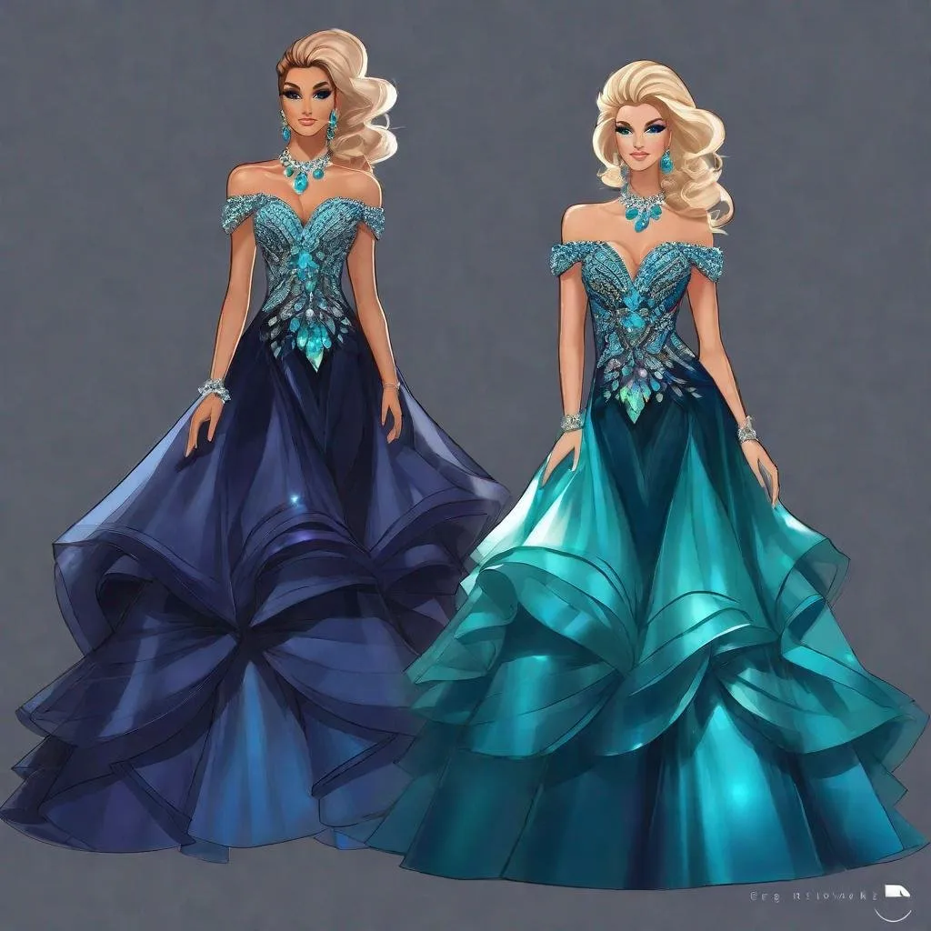 Prompt: fashion design sketch, tanned blonde in off-shoulder iridescent dark blue, turquoise, and dark blackberry multi-color floral ball gowns with diamonds, floor length, matching jewelry including necklace, trending on artstation, sharp focus, studio photo, intricate details, highly detailed, by greg rutkowski