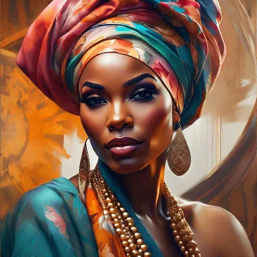 Prompt: Nigerian woman wearing a turban.perfect hands 5 fingers 
_Artgerm_Julie_Bell_Beeple,_Art_by_Alessandro_Pautasso,_Jean-Sebastien_Rossbach,_Jen_Bartel,_James_Gurney_Beautiful_character_painting,_Lois_Rossdraw r by CGSociety and Carne Griffiths, fun background, Lou Xaz