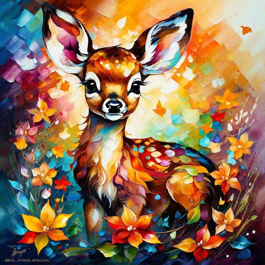 Prompt: Splendid portrait of A baby deerl! :: breathtaking cover art by Leonid Afremov, Brian Kesinger, Alena Aenami, Erin Hanson, Jean Baptiste Monge, insanely detailed, triadic color