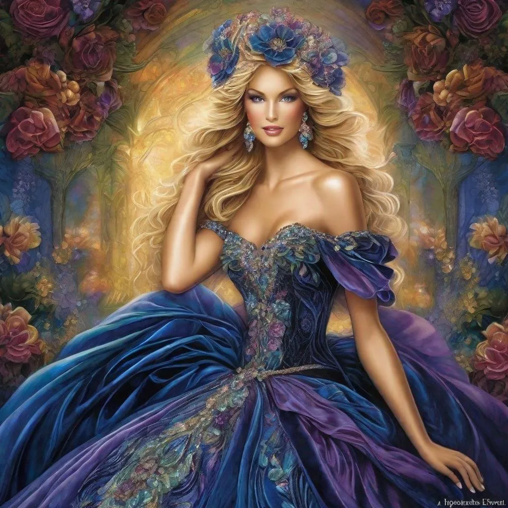 Prompt: fashion design  tanned blonde in off-shoulder iridescent dark blue and dark blackberry multi-color floral ball gowns with diamonds, floor length, matching jewelry including necklace  Style art by Josephine Wall 