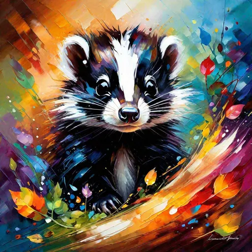 Prompt: Splendid portrait of A baby skunk l! :: breathtaking cover art by Leonid Afremov, Brian Kesinger, Alena Aenami, Erin Hanson, Jean Baptiste Monge, insanely detailed, triadic color