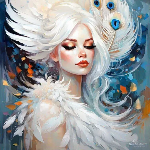Prompt: A combination of a young Albino, a moon goddess, and the feathers of a white peacock.
art by Leonid Afremov, Brian Kesinger, Alena Aenami. Detailed, minimalist,