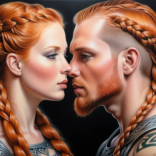 Prompt: Detailed and hyperrealistic airbrush oil painting of two people man and woman looking at each other in profile: A Celtic woman, heart shaped face, 28 years old, orange hair.Woven in two braids; Lead grey eyes, long, thick eyelashes with smoky makeup. Pink painted lips, ivory skin, Celtic art tattoo only on neck and torso. Piercing on the septum and one on Lambret's lip.
The man, brown hair, ((long messy beard adorned with leather ribbons)), primitive Celtic art tattoo piercing on the septum and one on Lambret's lip. Both holding a beautiful Celtic sword with Celtic symbols on its blade and a Warriors shield. Background of a beach at sunset. bokeh