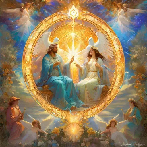 Prompt: the Triune flame: Father, Son and Holy Spirit  (Adorable). Alphonse Mucha,  8k resolution holographic astral cosmic illustration mixed media by Pablo Amaringo  ethereal fantasy hyperdetailed mist Thomas Kinkade surrealism  melting oil on canvas heavenly sunshine beams divine bright soft focus holy in the clouds