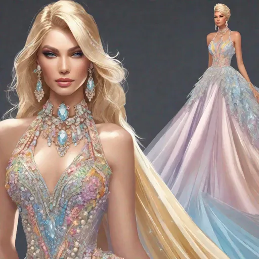 Prompt: fashion design sketch, blonde in beaded pastel multi-color ball gowns with train, jewelry to match, trending on artstation, sharp focus, studio photo, intricate details, highly detailed, by greg rutkowski