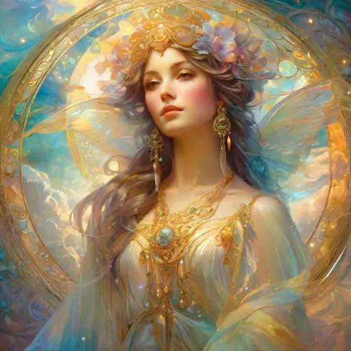 Prompt: air elemental sylphs (Adorable). Alphonse Mucha,  8k resolution holographic astral cosmic illustration mixed media by Pablo Amaringo  ethereal fantasy hyperdetailed mist Thomas Kinkade surrealism  melting oil on canvas heavenly sunshine beams divine bright soft focus holy in the clouds