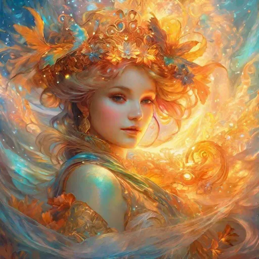Prompt: fire elemental salamanders (Adorable). Alphonse Mucha,  8k resolution holographic astral cosmic illustration mixed media by Pablo Amaringo  ethereal fantasy hyperdetailed mist Thomas Kinkade surrealism  melting oil on canvas heavenly sunshine beams divine bright soft focus holy in the clouds