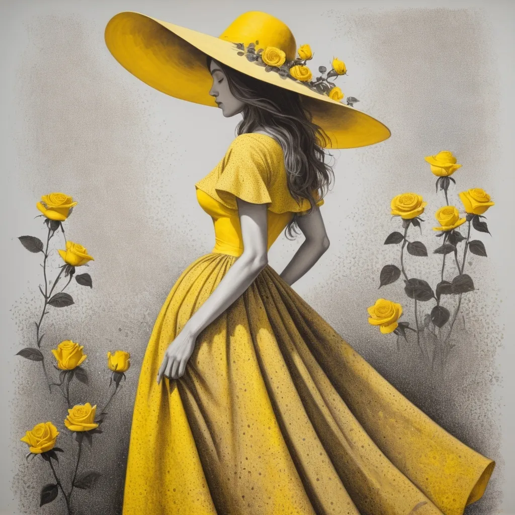 Prompt: Full shot Black and white ink and yellow and brown oil. Woman in profile with a wide-brimmed yellow hat decorated with three roses and small flowers. She is wearing a long yellow dress that fades from brown to deep yellow from bottom to top; sleeveless, leaving her back exposed just above the waist. In ink with very fine lines that give volume to the dress. As she reaches the end, the bottom of the skirt rises like a U and small lines emerge that end in a yellow wild flower. The woman's body is done in white pointillism on greyish brown. Abstract