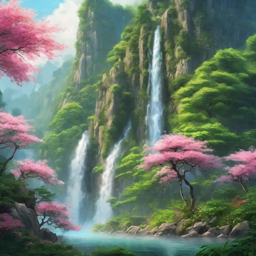 Prompt: Masterpiece, best quality, 8K, high res, ultra-detailed, A scene of a waterfall cascading down a high cliff amongst lush greenery, adorned by vibrant flowers, towering pines, and delicate bamboo groves,no humans, sakura, beautiful view, lush green mountains, winding rivers, misty atmosphere, solitary, intricate details, delicate features, verdant trees, blooming flowers, druid's circle, soft moss, deep forest, intricate leaves and vines, wisps of light, still pool of water, pristine, verdant green, A picturesque scene of a waterfall cascading down a high cliff amongst lush greenery, adorned by vibrant flowers, towering pines, and delicate bamboo groves.