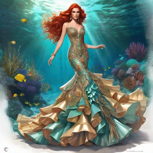 Prompt: fashion design sketch, redhead in multi-color ocean reef ball gown with train,mermaid tail  jewelry and shoes to match, trending on artstation, sharp focus, studio photo, intricate details, highly detailed, by greg rutkowski