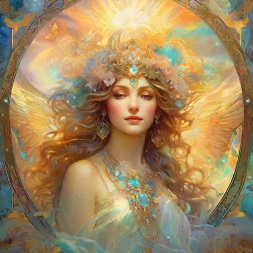 Prompt: Air/Aether Elemental Spirit” (Adorable). Alphonse Mucha,  8k resolution holographic astral cosmic illustration mixed media by Pablo Amaringo  ethereal fantasy hyperdetailed mist Thomas Kinkade surrealism  melting oil on canvas heavenly sunshine beams divine bright soft focus holy in the clouds