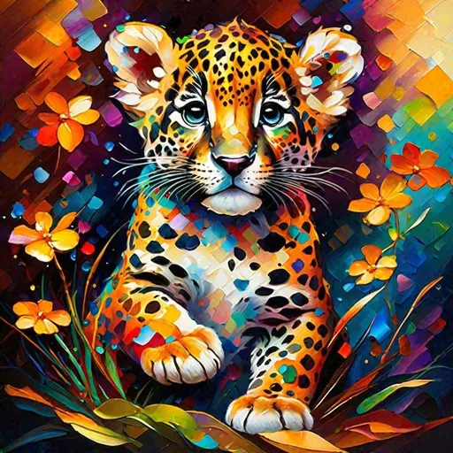 Prompt: Splendid portrait of A  baby Jaguar cub l! :: breathtaking cover art by Leonid Afremov, Brian Kesinger, Alena Aenami, Erin Hanson, Jean Baptiste Monge, insanely detailed, triadic color
