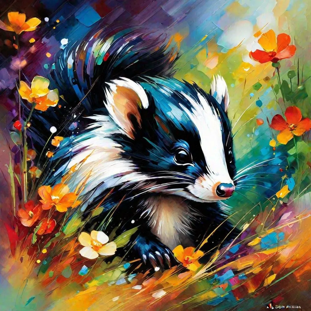 Prompt: Splendid portrait of A baby skunk l! :: breathtaking cover art by Leonid Afremov, Brian Kesinger, Alena Aenami, Erin Hanson, Jean Baptiste Monge, insanely detailed, triadic color