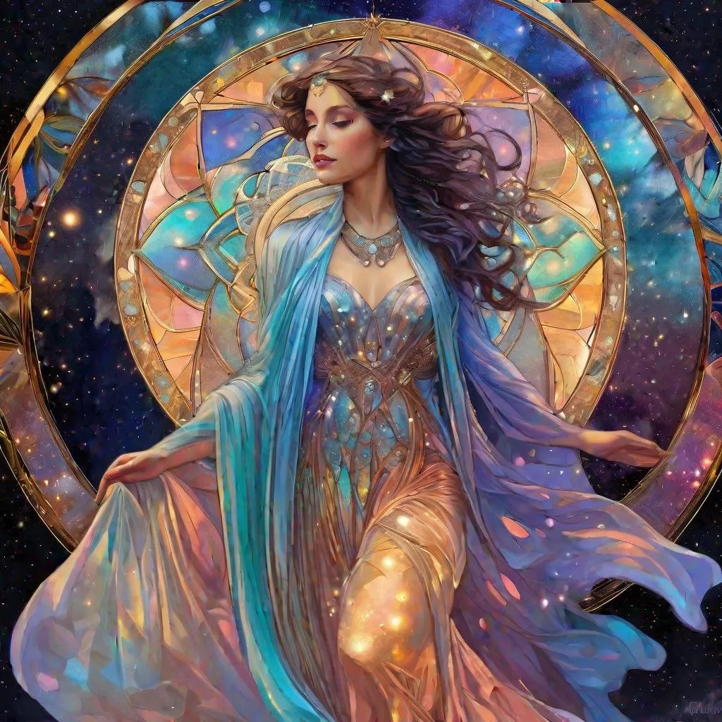 Prompt: “Woman in Galactic Dress at Twilight 1” Alphonse Mucha, 8k resolution holographic astral cosmic illustration mixed media by Pablo Amaringo