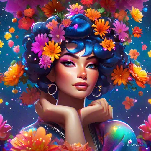 Prompt: ChromaV5: 1.6, nvinkpunk, style, close-up of a beautiful queen of galaxies dressed in galactic clothes, bright vibrant colorful hair, flowers is her hair, bright face, studio photo, beautiful face, beautiful eyes, art by greg rutkowski, concept art, trend in artstation, cute circular reflective eyes, Pixar rendering, smooth cinematic unreal engine, intricate detail, Tender Eyes, Disney character, Pixar character, Pixar animation 